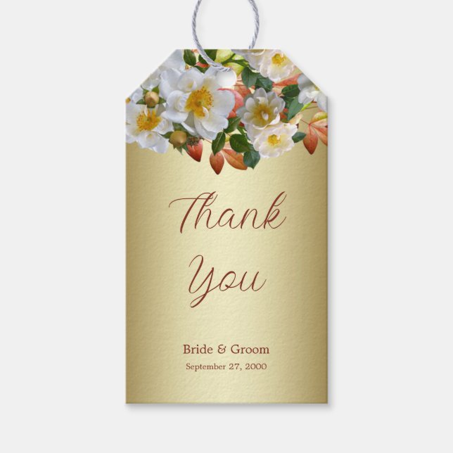 White Roses Floral Gold-Geschenk-Tag Geschenkanhänger (Vorderseite)