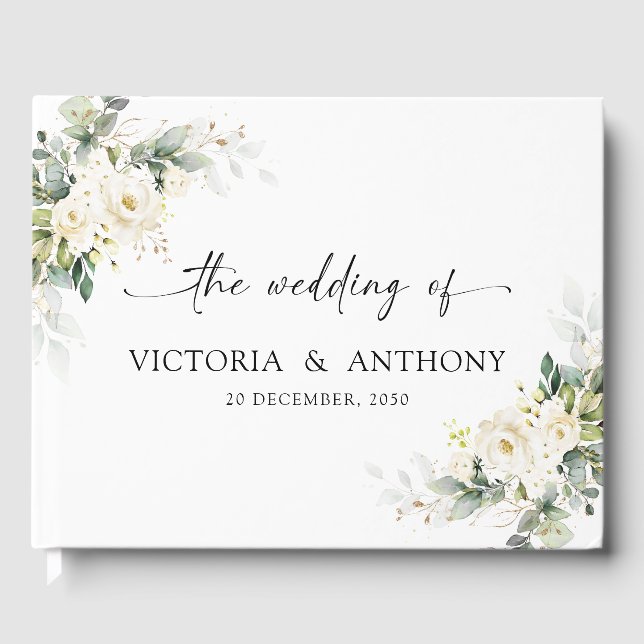 White Roses Floral Wedding Guest Book Gästebuch (Vorderseite)