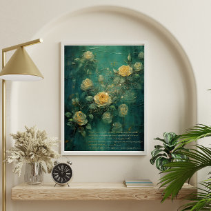 White Roses Gold Antike Vintag Romantische Grün Poster