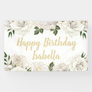 White Roses Gold Glitzer Happy Birthday Name Banner