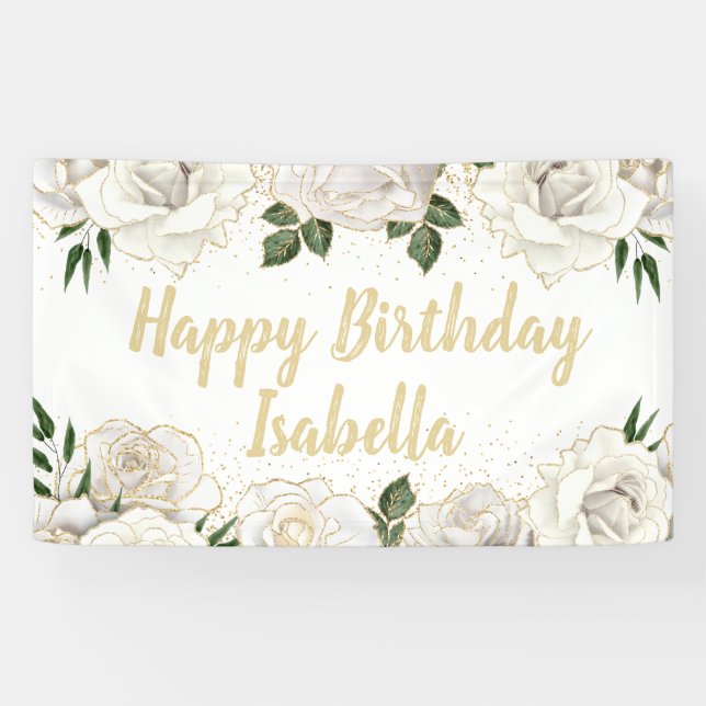 White Roses Gold Glitzer Happy Birthday Name Banner (Horizontal)