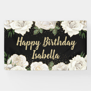 White Roses Gold Glitzer Happy Birthday Name Black Banner
