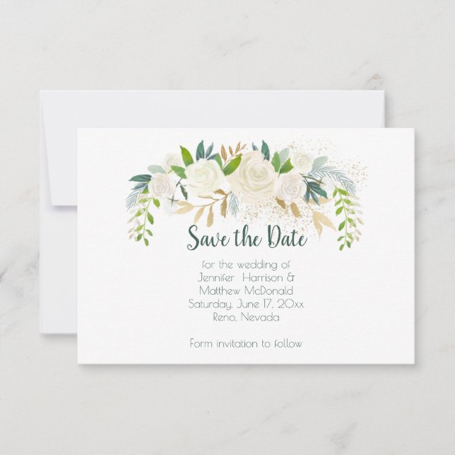 White Roses Gold Green Blätter Save the Date | (Vorderseite)