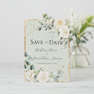 White Roses Gold Green Elegante Moderne Hochzeit Save The Date