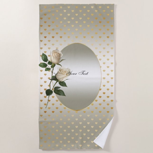 White Roses Gold Hearts Beach Handtuch (Vorderseite)