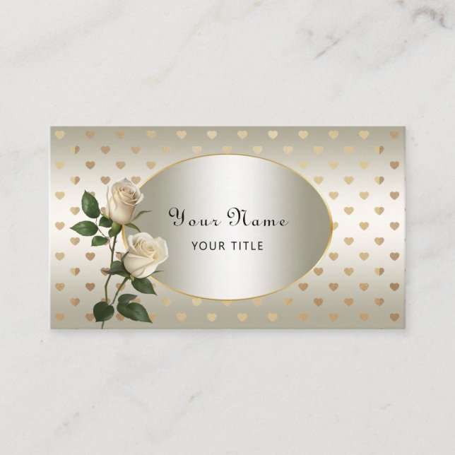 White Roses Gold Hearts Business Card Visitenkarte (Vorderseite)