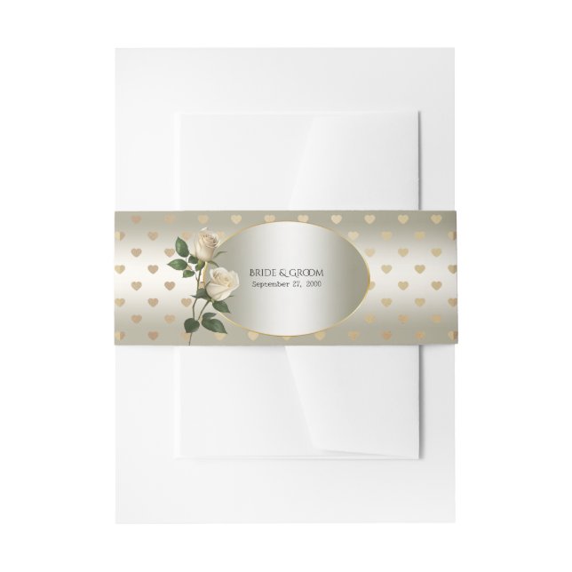 White Roses Gold Hearts Einladung Bauchband Einladungsbanderole (Vorderseite Beispiel)