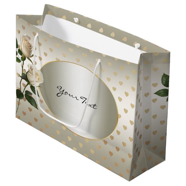 White Roses Gold Hearts Geschenktasche Große Geschenktüte (Vorderseite Schrägansicht)