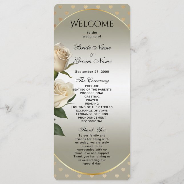 White Roses Gold Hearts Hochzeitsprogramm Programm (Vorderseite)