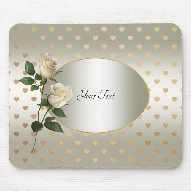White Roses Gold Hearts Mousepad (Vorne)