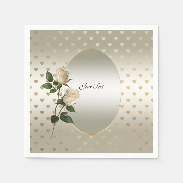 White Roses Gold Hearts Napkins Serviette (Vorderseite)