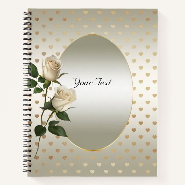 White Roses Gold Hearts Notebook Notizbuch (Vorderseite)
