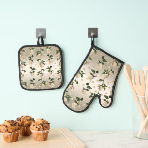 White Roses Gold Hearts Oven Mitt & Pot Holder Set