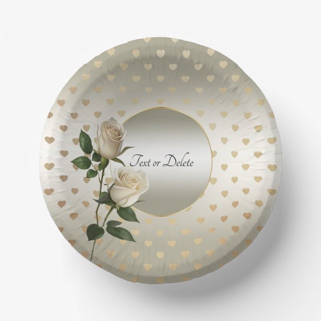 White Roses Gold Hearts Paper Bowls Pappteller (Vorderseite)