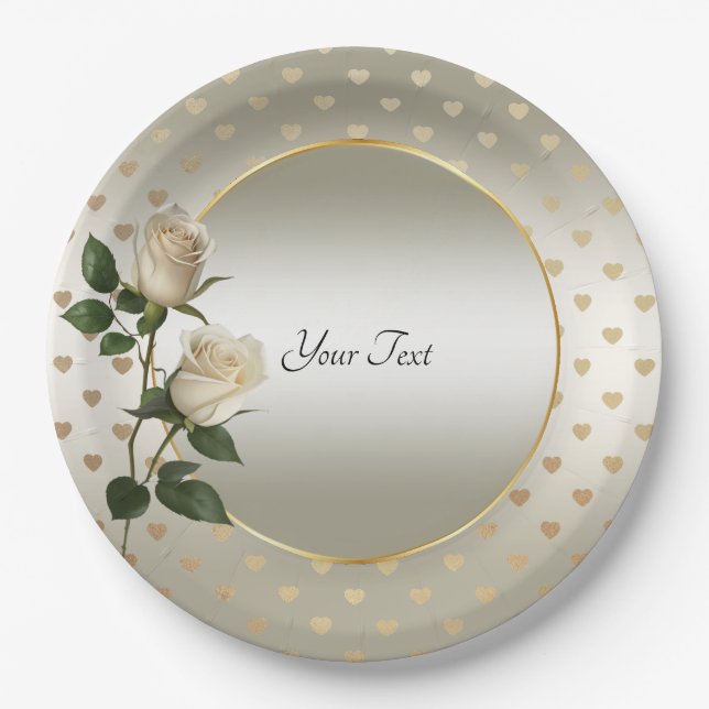 White Roses Gold Hearts Paper Plate Pappteller (Vorderseite)
