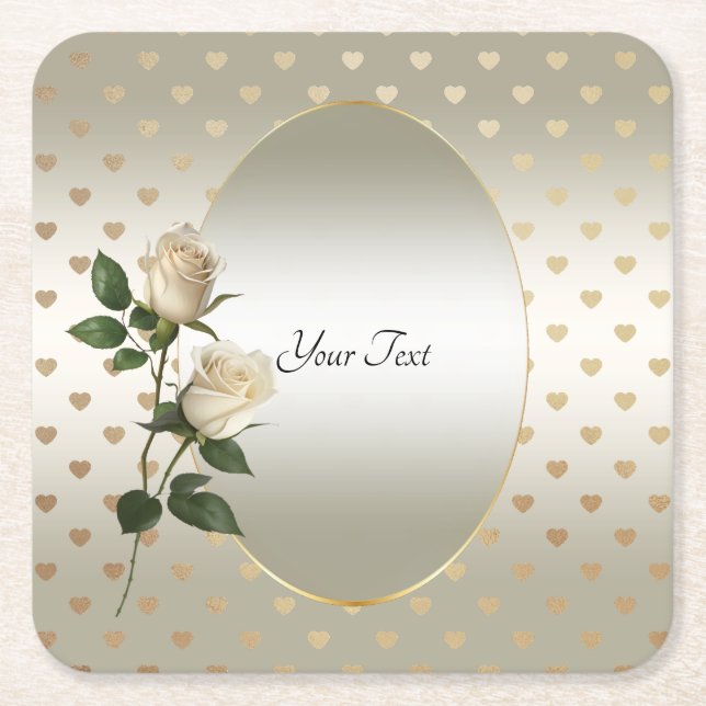 White Roses Gold Hearts Paper Untersetzer (Vorderseite)