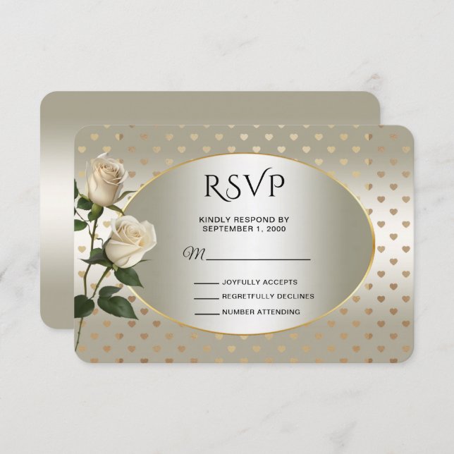 White Roses Gold Hearts RSVP Card (Vorne/Hinten)
