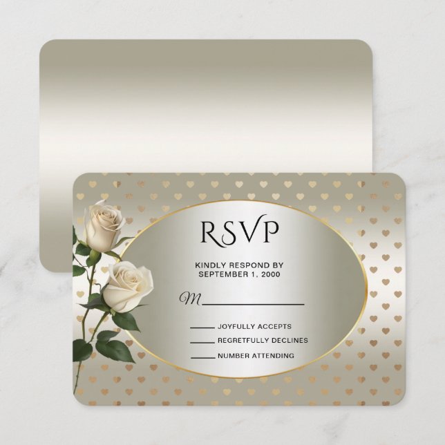 White Roses Gold Hearts RSVP Card Karte (Vorne/Hinten)