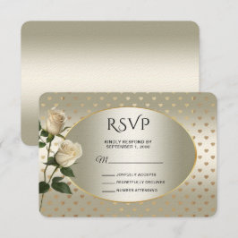 White Roses Gold Hearts RSVP Card Karte