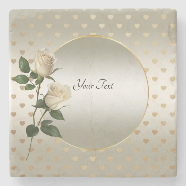 White Roses Gold Hearts Stone Untersetzer (Vorderseite)