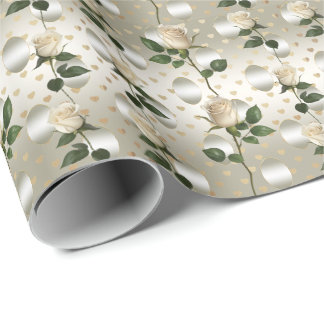White Roses Gold Hearts Wrapping Paper Geschenkpapier