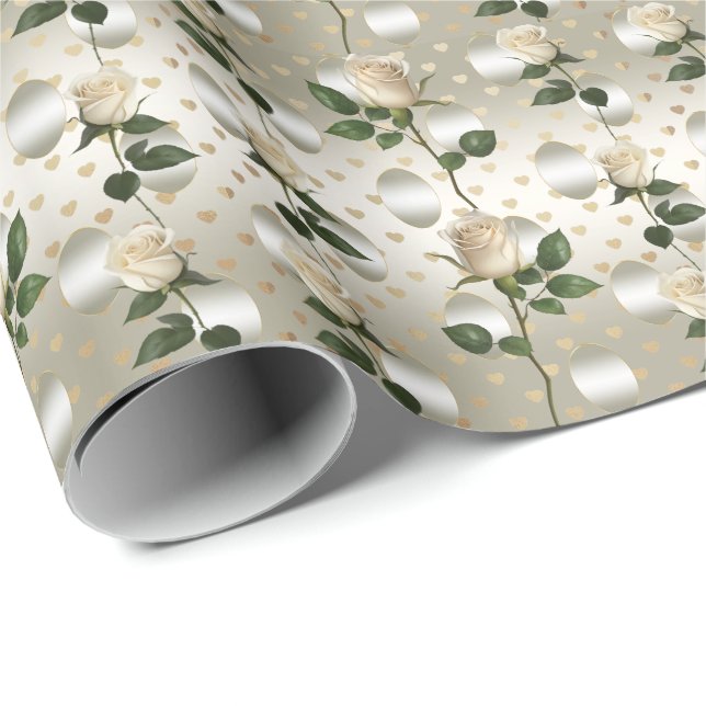 White Roses Gold Hearts Wrapping Paper Geschenkpapier (Rolleneckpunkt)