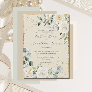 White Roses Gold Neutral Elegante Hochzeit Einladung