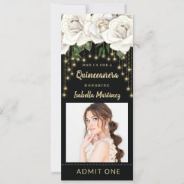 White Roses Gold String Light Quinceañera Ticket Einladung