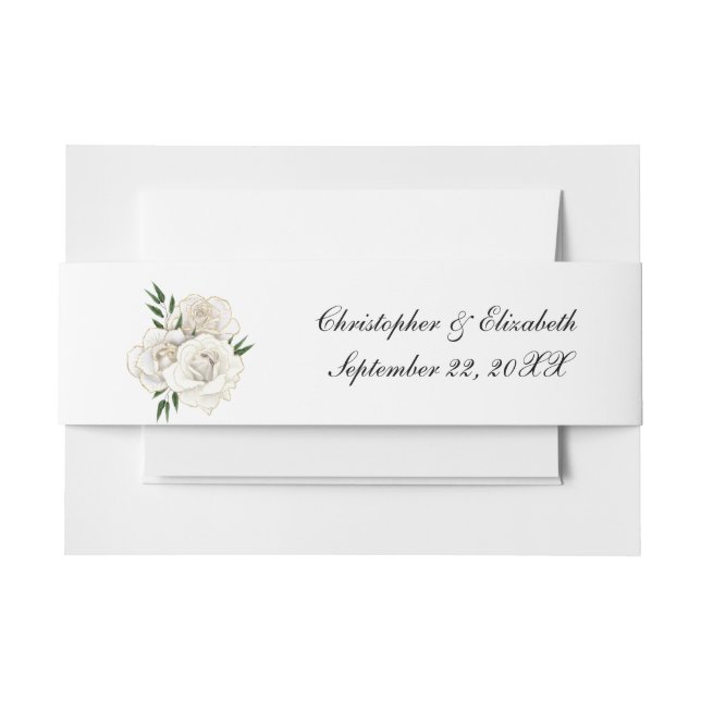 White Roses Gold Trim Elegante Hochzeit der Blumen Einladungsbanderole (Vorderseite Beispiel)