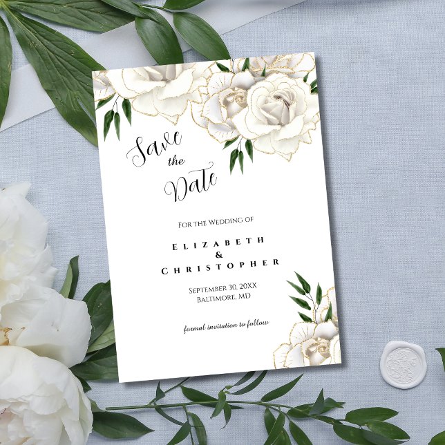 White Roses Gold Trim Elegante Hochzeit Save The Date (White Rose Gold Trim Elegant Wedding Save the Date Card. Printed or Digital Instant download)