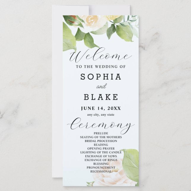 White Roses Green Blätter Blue Wedding Program (Vorderseite)
