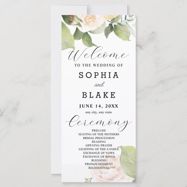 White Roses Green Blätter White Wedding Programm (Vorderseite)