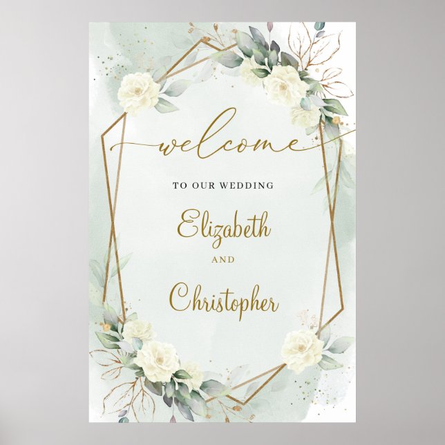 White Roses Green Eucalyptus Gold Geometric Poster (Vorne)