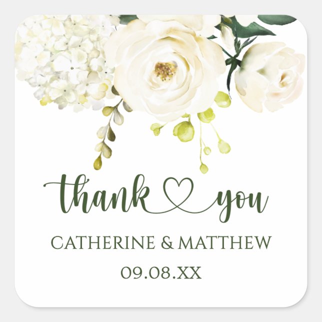 White Roses Greenerage Foliage Wedding Quadratischer Aufkleber (Vorderseite)
