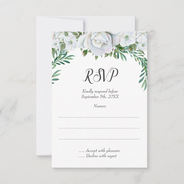 White Roses Greenerage Foliage Wedding RSVP Karte (Vorderseite)
