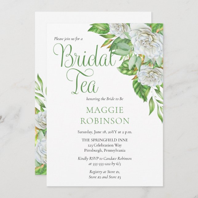 White Roses | Greenery Boho Floral Bridal Tea Einladung (Vorne/Hinten)