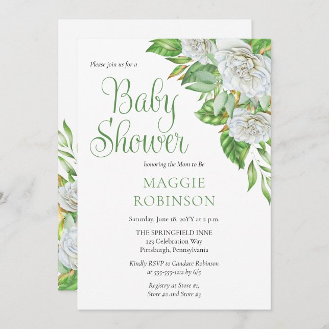 White Roses |Greenery Boho Floral Girl Baby Shower Einladung (Vorne/Hinten)