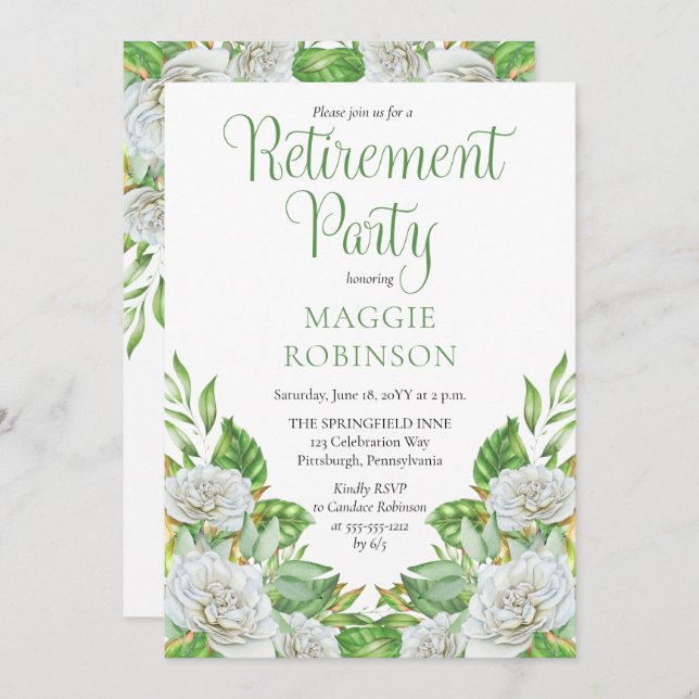 White Roses |Greenery Boho Floral Retirement Party Einladung (Vorne/Hinten)