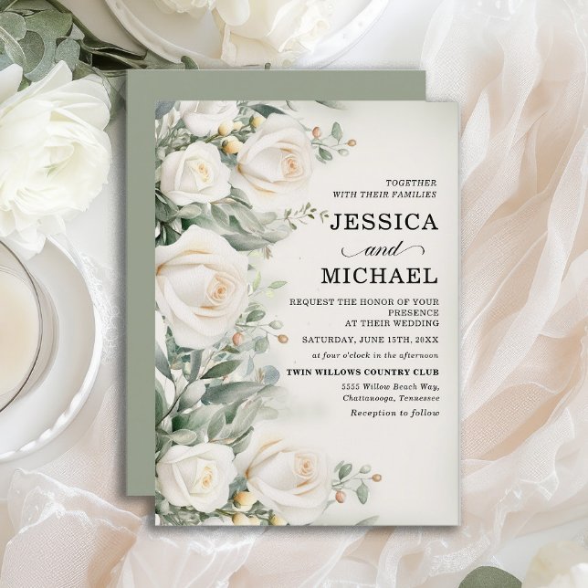 White Roses Greenery Elegante Wedding Einladung (Elegant white roses wedding invitation)