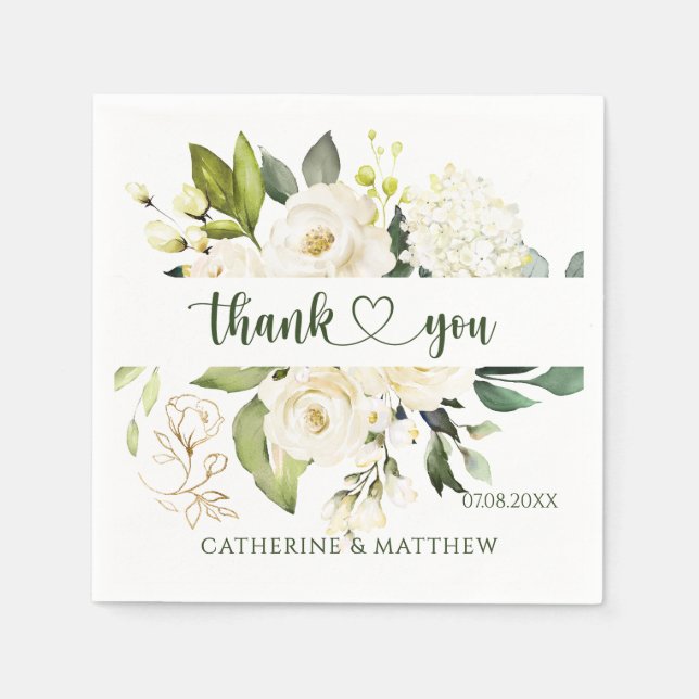 White Roses Greenery Vielen Dank Serviette (Vorderseite)