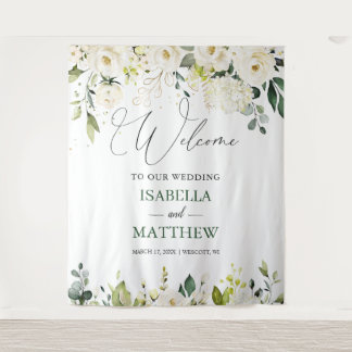 White Roses Greenery Wedding Welcome Sign Tapestry Wandteppich