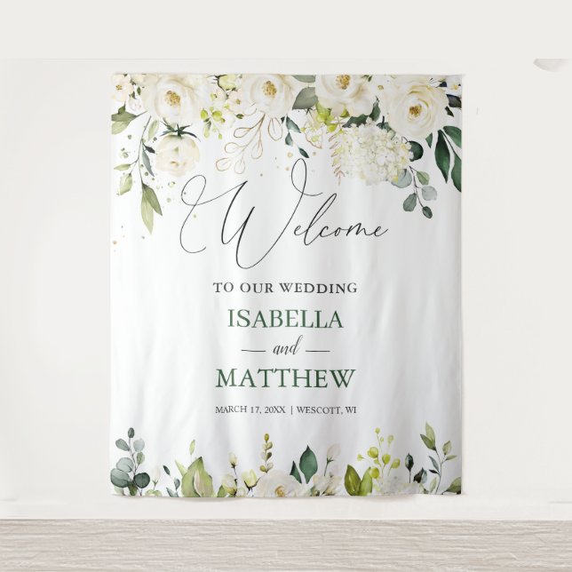 White Roses Greenery Wedding Welcome Sign Tapestry Wandteppich (Vorderseite)