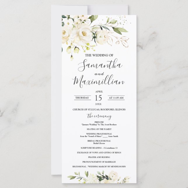 White Roses Grünpflanzen Hochzeitsprogramm (Vorderseite)