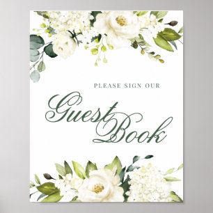 White Roses Guest Book Sign Poster