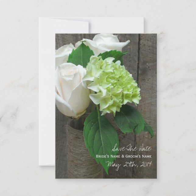 White Roses Hydrangea & Barnwood Save the Date (Vorderseite)