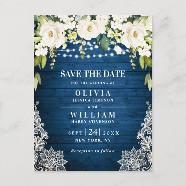 White Roses Lace Rustic Wedding Save the Date Postkarte (Vorderseite)