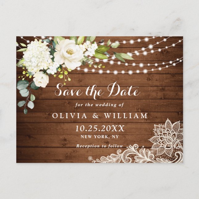 White Roses Lace Rustic Wedding Save the Date Postkarte (Vorderseite)