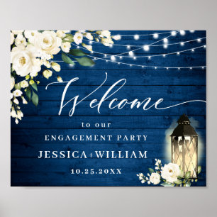 White Roses Lantern Blue Wood ENGAGEMENT PARTEI Poster