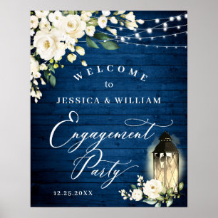 White Roses Lantern Blue Wood Engagement Party Poster