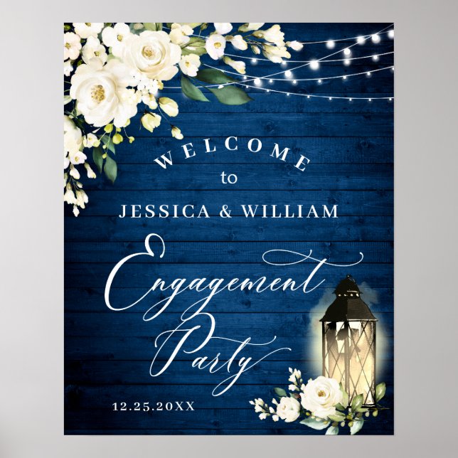 White Roses Lantern Blue Wood Engagement Party Poster (Vorne)